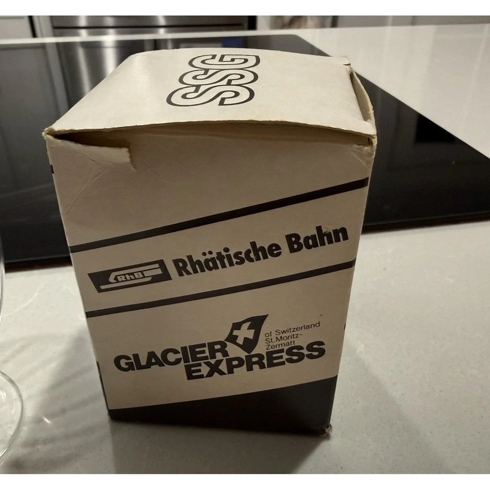 Glacier Express Swiss Train Slanted Wine Glass  Original Box‎ Set of 2 Vintage